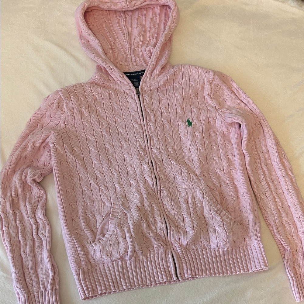Ralph Lauren Pink Cable-Knit Zip Hoodie with Embroidered Pony XL fits smaller